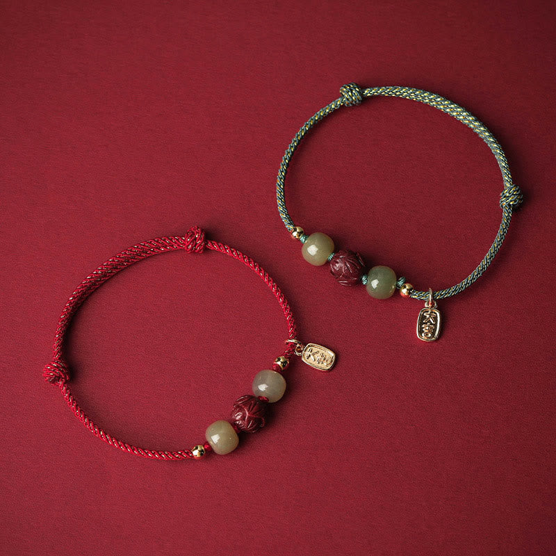 Braccialetto di corda artigianale Buddha Stones in giada Hetian placcato oro 14K, cinabro e loto portafortuna - image 1