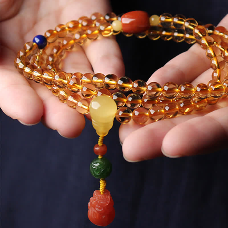 Braccialetto con ciondolo di protezione PiXiu, 108 perle di Mala, ambra citrino naturale, fibbia della pace, agata rossa - image 19