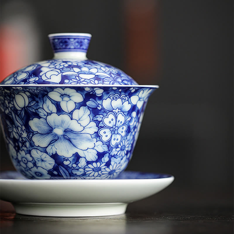 Buddha Stones Vintage Blu e Bianco Porcellana Ceramica Gaiwan Sancai Tazza da Tè Kung Fu Tazza da Tè e Piattino con Coperchio