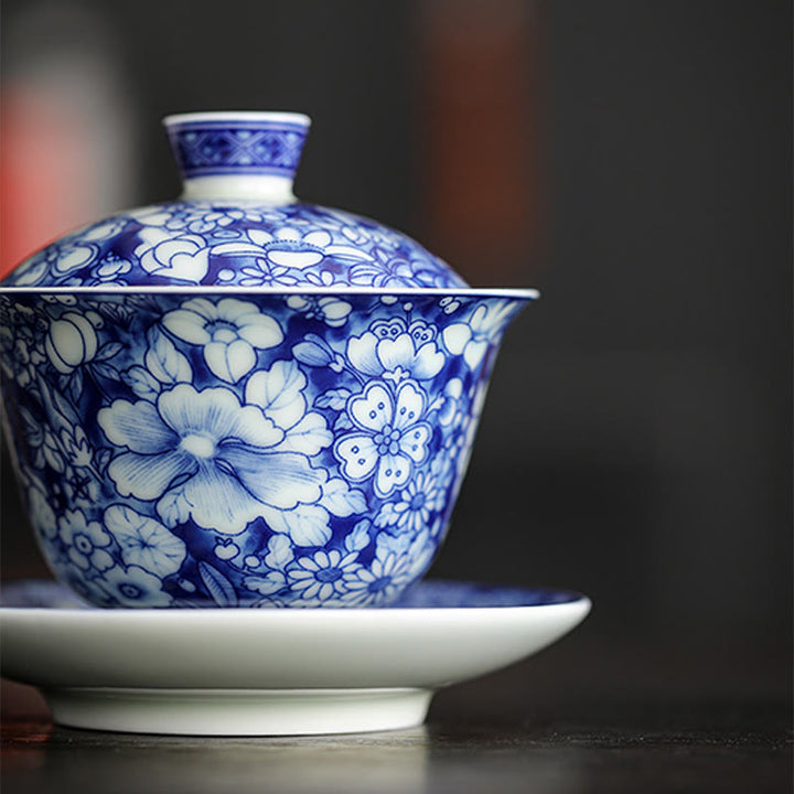 Buddha Stones Vintage Blu e Bianco Porcellana Ceramica Gaiwan Sancai Tazza da Tè Kung Fu Tazza da Tè e Piattino con Coperchio