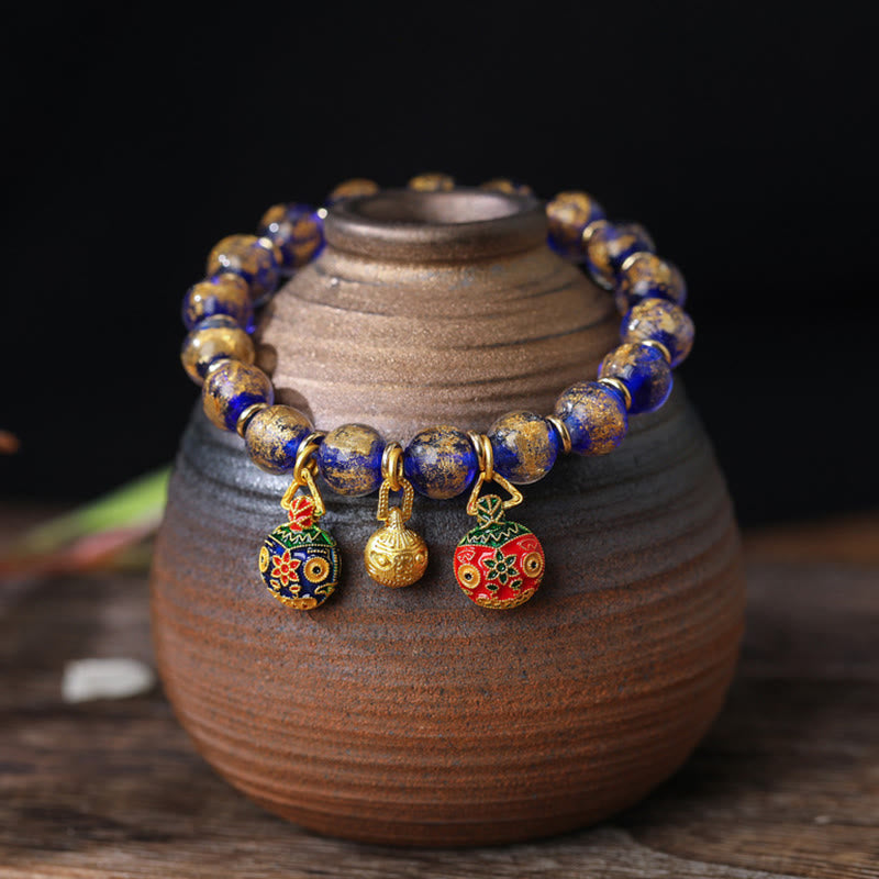 Buddha Stones Oro Ingoiando Bestia Famiglia Ciondolo Oro Argento Lamina Liuli Perline di Vetro Braccialetto Benedizioni