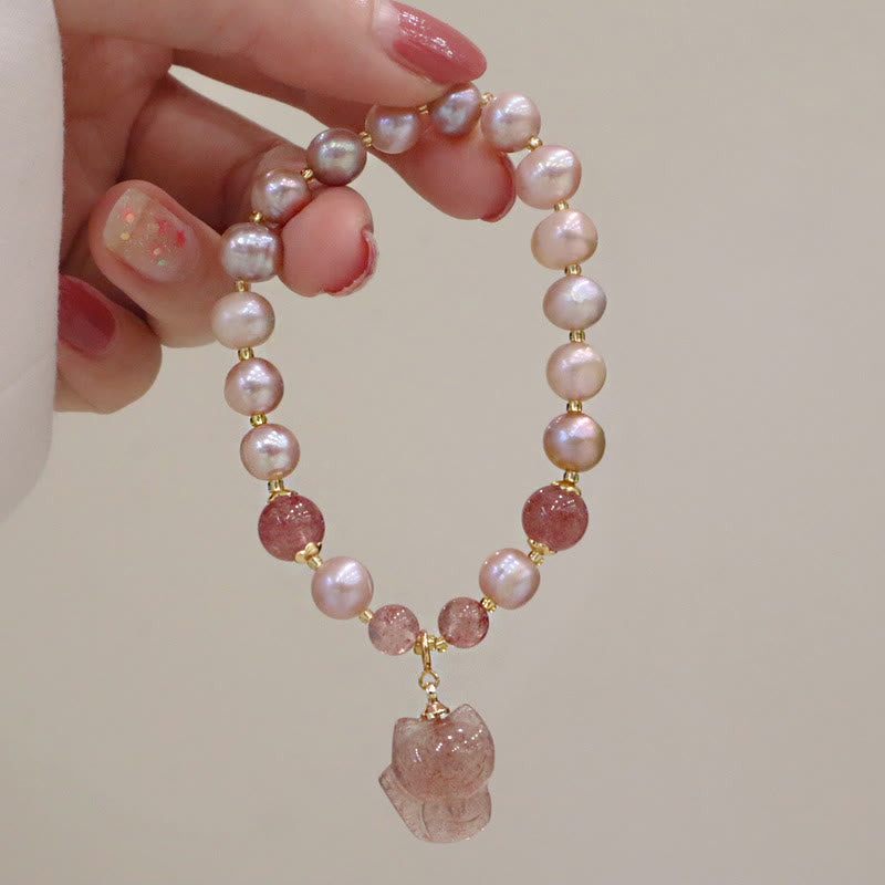 Braccialetto con ciondolo guarigione amore volpe carina perla naturale quarzo fragola Buddha Stones