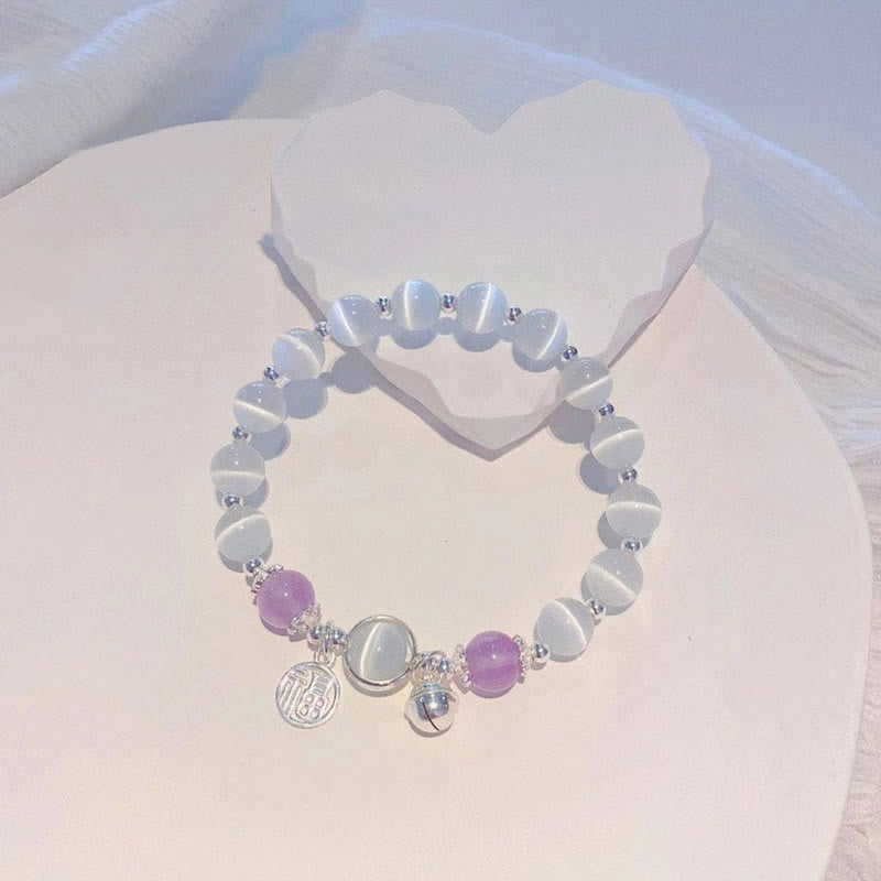 Braccialetto di supporto con ciondolo a forma di campana con carattere Fu, in ametista e occhio di gatto , Buddha Stones