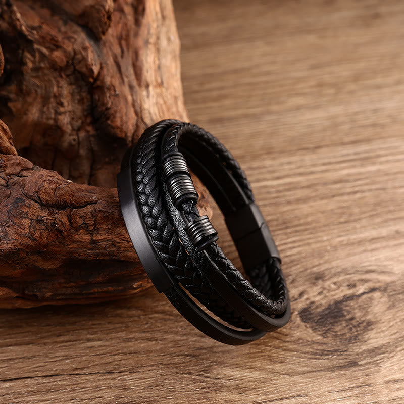 Bracciale con fibbia magnetica intrecciata in acciaio al titanio multistrato in pelle Buddha Stones