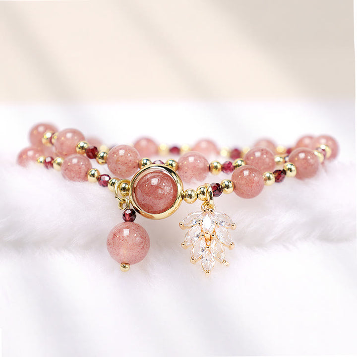 Braccialetto a doppio giro con ciondolo a forma di foglia d'acero con quarzo fragola naturale Buddha Stones Love Healing