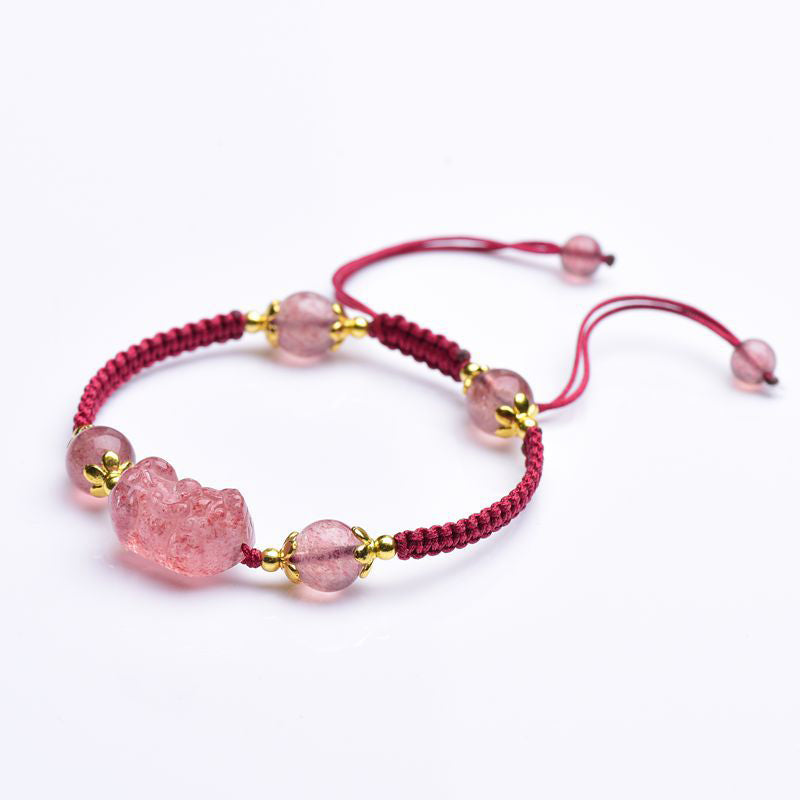 Braccialetto portafortuna rosso con corda e ciondolo Pixiu in cristallo di fragola naturale Buddha Stones