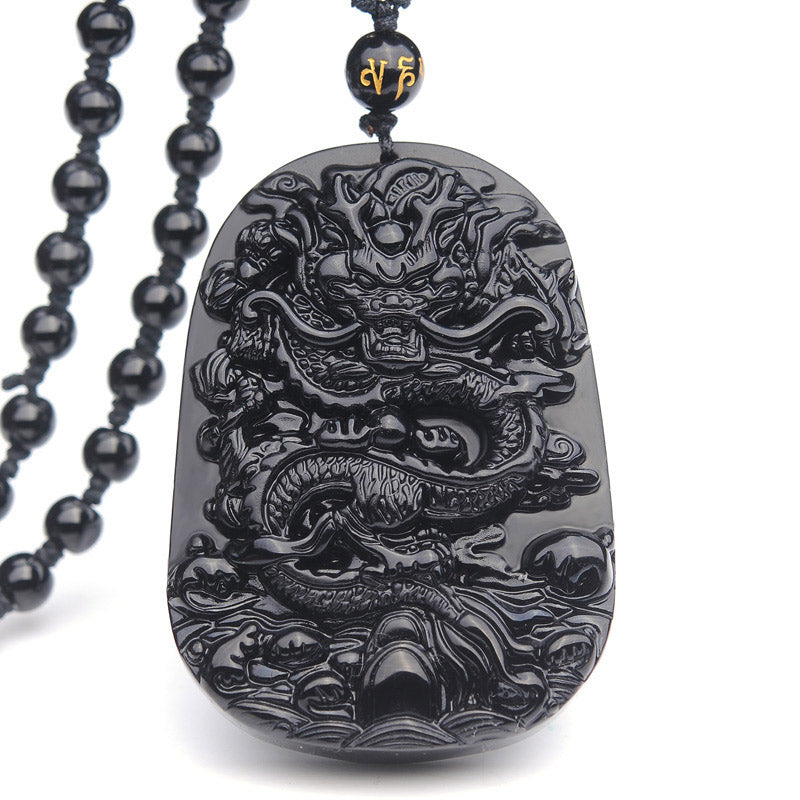 Buddha Stones Collana con ciondolo a forma di drago in pietra di ossidiana nera - Ossidiana - image 0