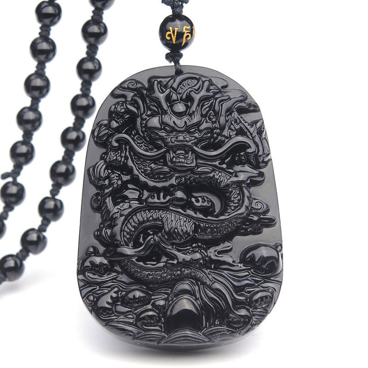 Buddha Stones Collana con ciondolo a forma di drago in pietra di ossidiana nera - Ossidiana - image 0