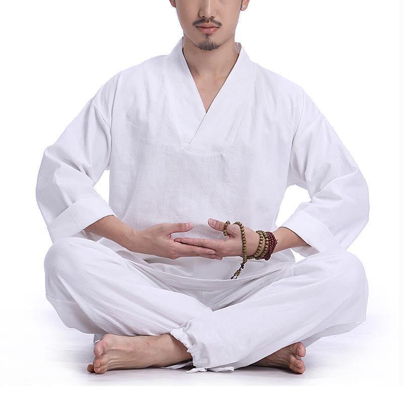 Set da uomo di abbigliamento yoga Buddha Stones a V, in cotone e lino, per meditazione e preghiera, spirituale e zen - Bianco - US/UK/AU44，EU54 (3XL) - image 14