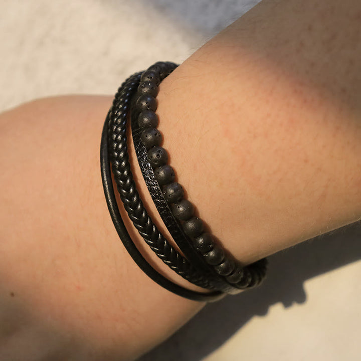 Bracciale in pelle con perline di onice nero e roccia lavica naturale Buddha Stones