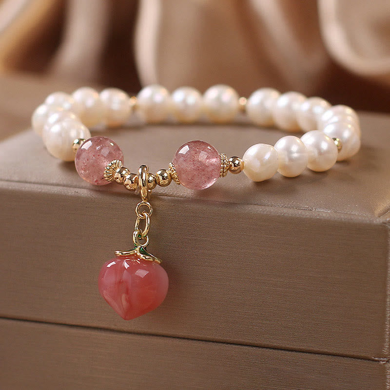 Bracciale con ciondolo a forma di cuore, amore, saggezza, perle naturali, quarzo fragola e pesca Buddha Stones