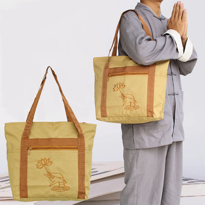 Borsa a tracolla in tela con motivo ricamato di loto per la pratica della mente spirituale