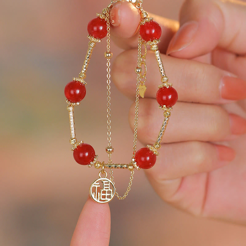Braccialetto di accettazione di sé con ciondolo a forma di carattere Fu in agata rossa Buddha Stones