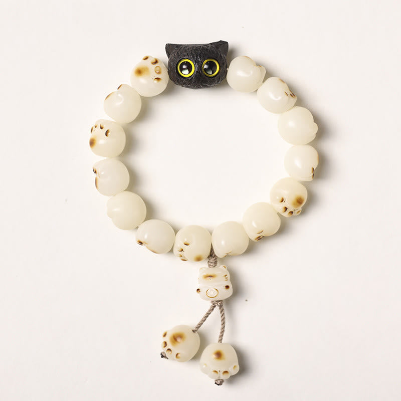 Buddha Stones Semi di Bodhi naturali Zampa adorabile Braccialetto di saggezza del gatto fortunato in legno di ebano - Seme di Bodhi bianco - Versione con nappa (circonferenza del polso 14-15 cm) - image 18