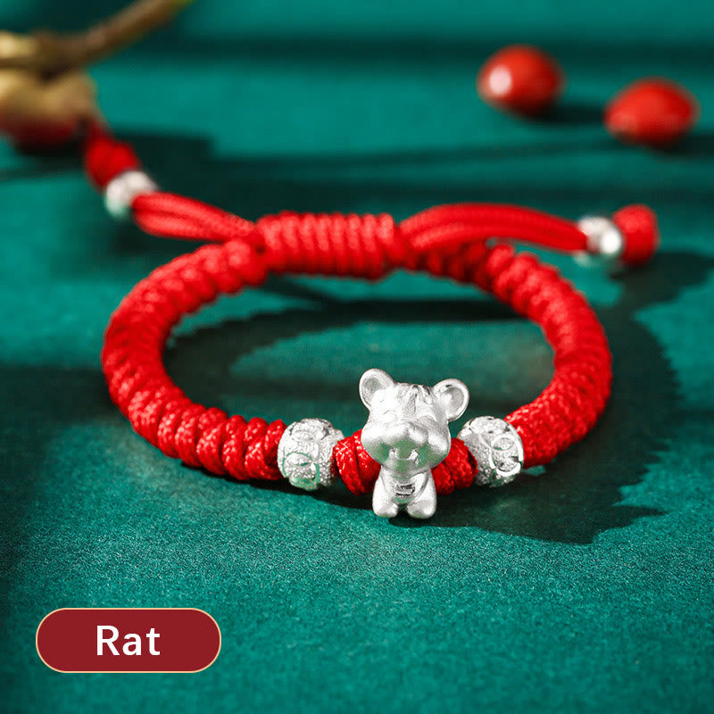 Braccialetto per bambini fatto a mano in corda rossa con Buddha Stones, in argento sterling 999, con zodiaco cinese - Topo (misura del braccialetto 12+4 cm) - image 3