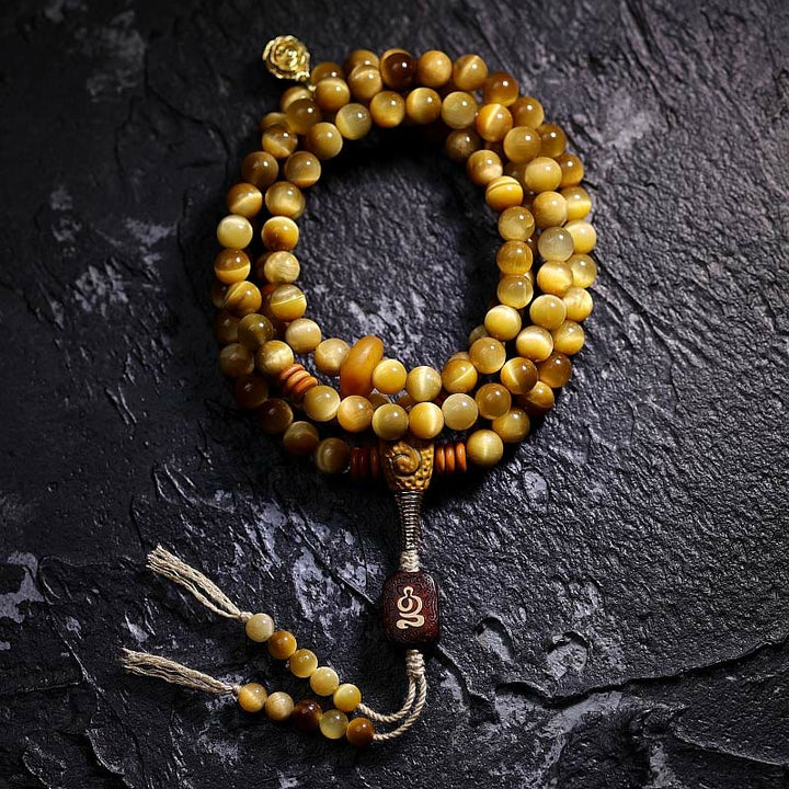Buddha Stones 108 Mala Beads Natural Tiger Eye Rame Dorje Protezione Nappa Bracciale