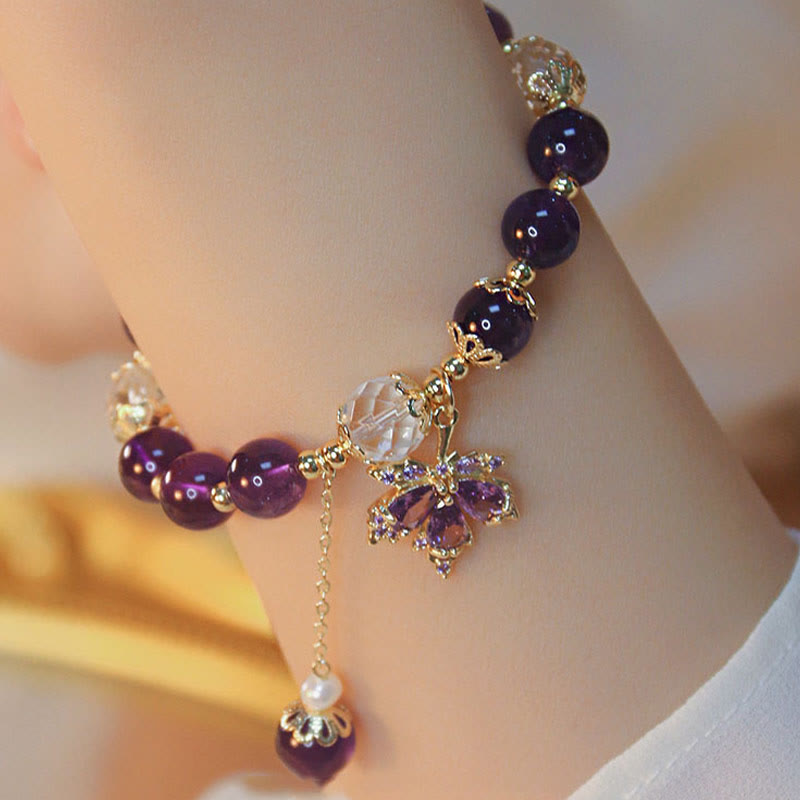 Bracciale con ciondolo a forma di foglia d'acero con ametista naturale placcato oro 14k Buddha Stones