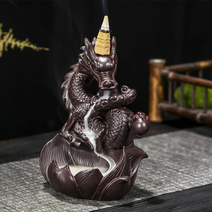 Bruciatore di incenso in ceramica con motivo a loto di drago, protezione e forza, decorazione
