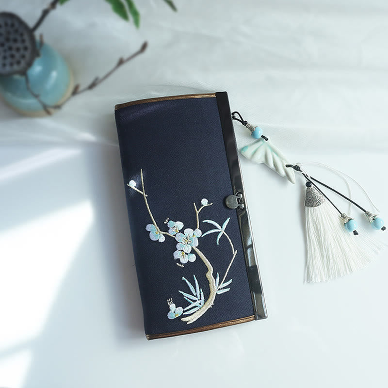 Portafoglio portasoldi grande capacità con ricamo a doppia faccia, Buddha Stones, fiori di prugna, fiori di pesco, bambù, borsa per la spesa - Bambù color prugna blu navy - image 22
