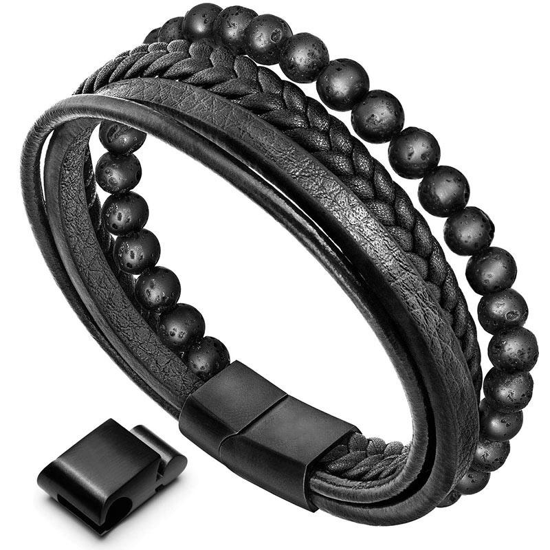 Bracciale in pelle con perline di onice nero e roccia lavica naturale Buddha Stones