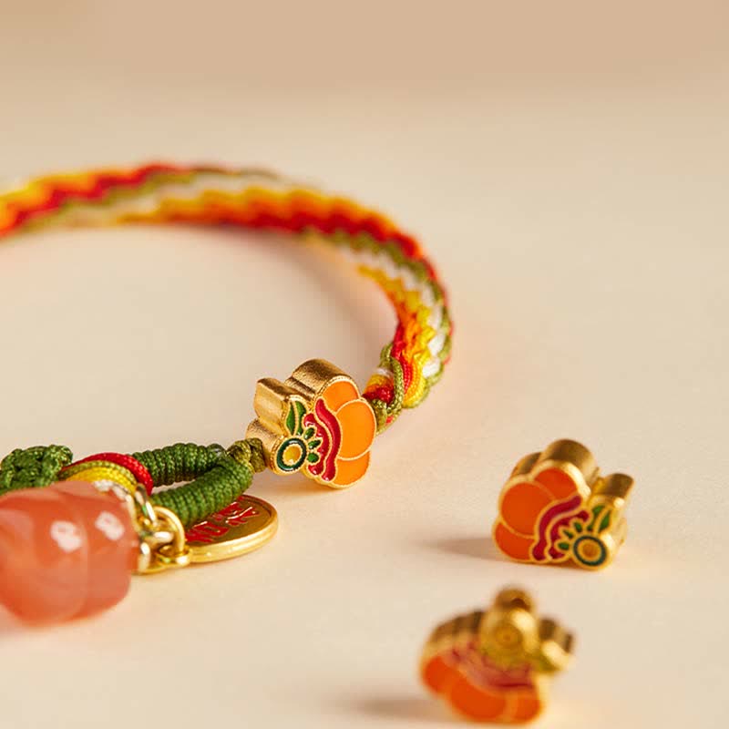 Braccialetto con corda intrecciata con nodo di reincarnazione in agata rossa e cachi Buddha Stones