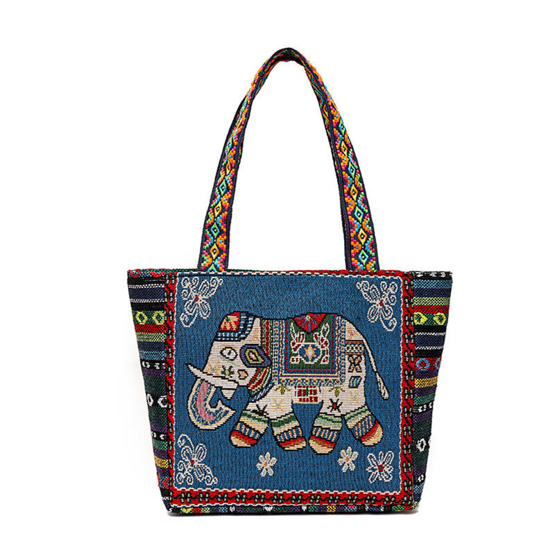 Borsa a tracolla in tela di grande capacità ricamata con elefante e farfalla , Buddha Stones