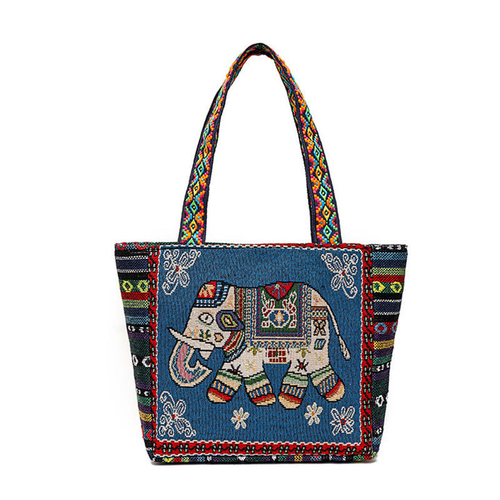 Borsa a tracolla in tela di grande capacità ricamata con elefante e farfalla , Buddha Stones