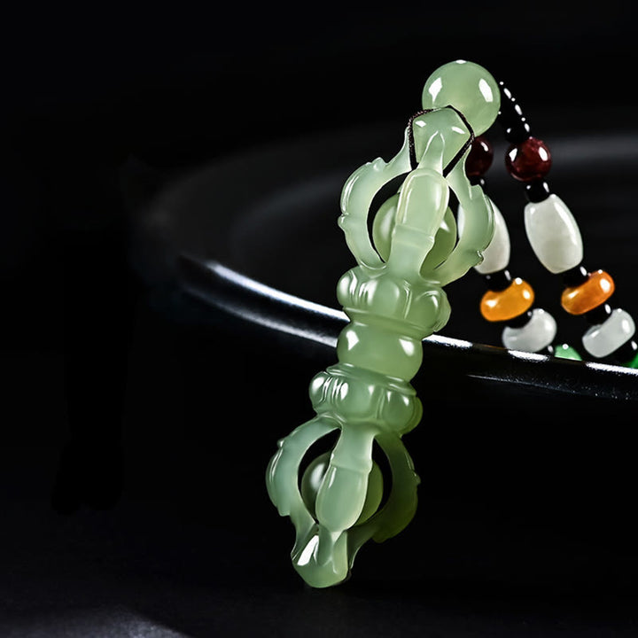 Collana con ciondolo di successo inciso Dorje Vajra in giada ciano naturale tibetana e giada bianca - image 8