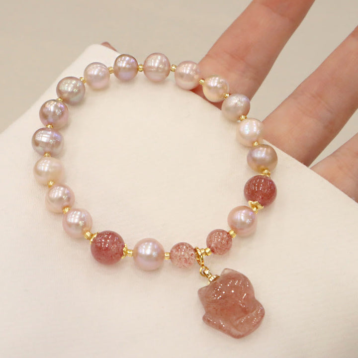Braccialetto con ciondolo guarigione amore volpe carina perla naturale quarzo fragola Buddha Stones