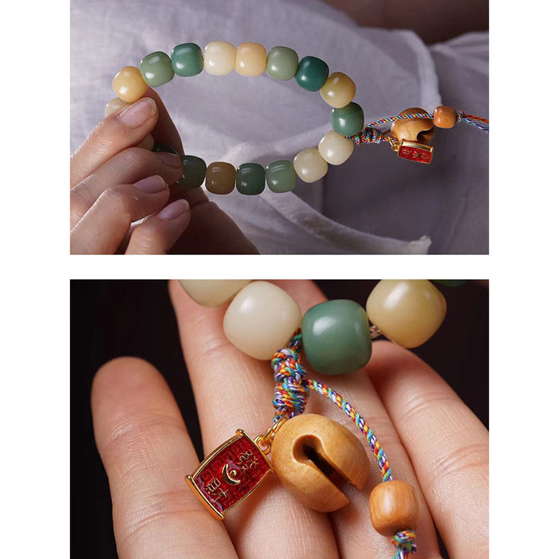 Braccialetto con ciondolo a tamburo di pesce in legno con semi di Bodhi e Buddha Stones, sfumatura naturale