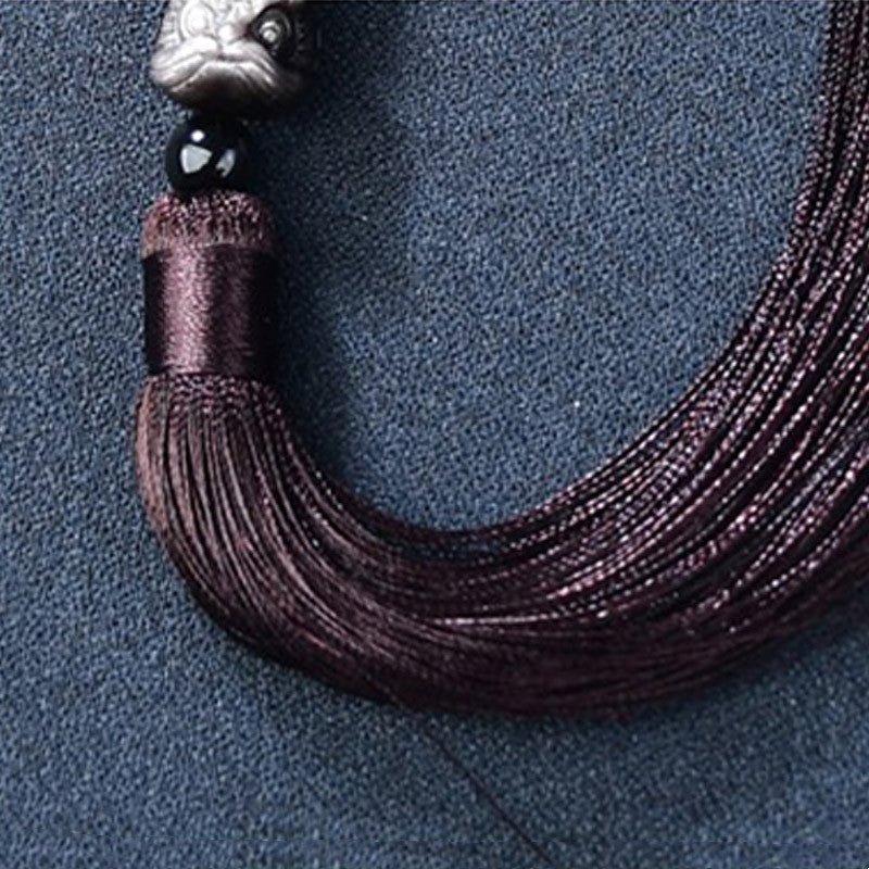 Buddha Stones Argento naturale Ossidiana lucente Leone Mala da polso Protezione Nappe Mala tascabile Decorazione per auto