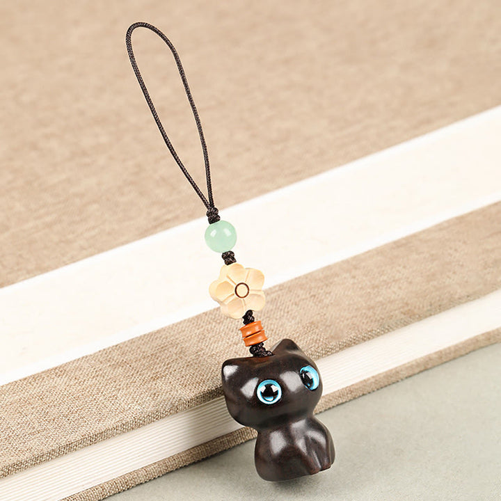 Buddha Stones Mini Piccola Foglia Sandalo Rosso Legno di Ebano Gatto Fortunato Adorabile Gattino Pace Portachiavi Telefono Appeso Decorazione - Decorazione da appendere al telefono - Gatto d'ebano - image 14