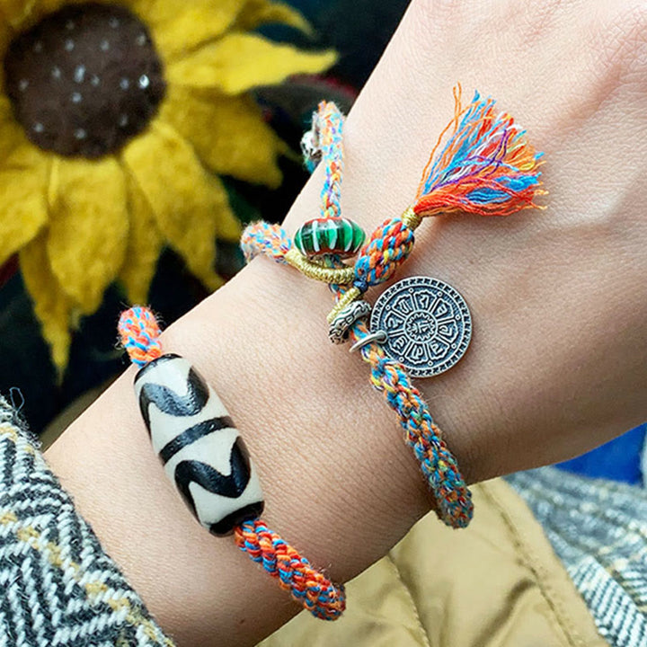 Braccialetto di protezione intrecciato con perline Dzi fatte a mano in argento sterling 925 tibetano Om Mani Padme Hum
