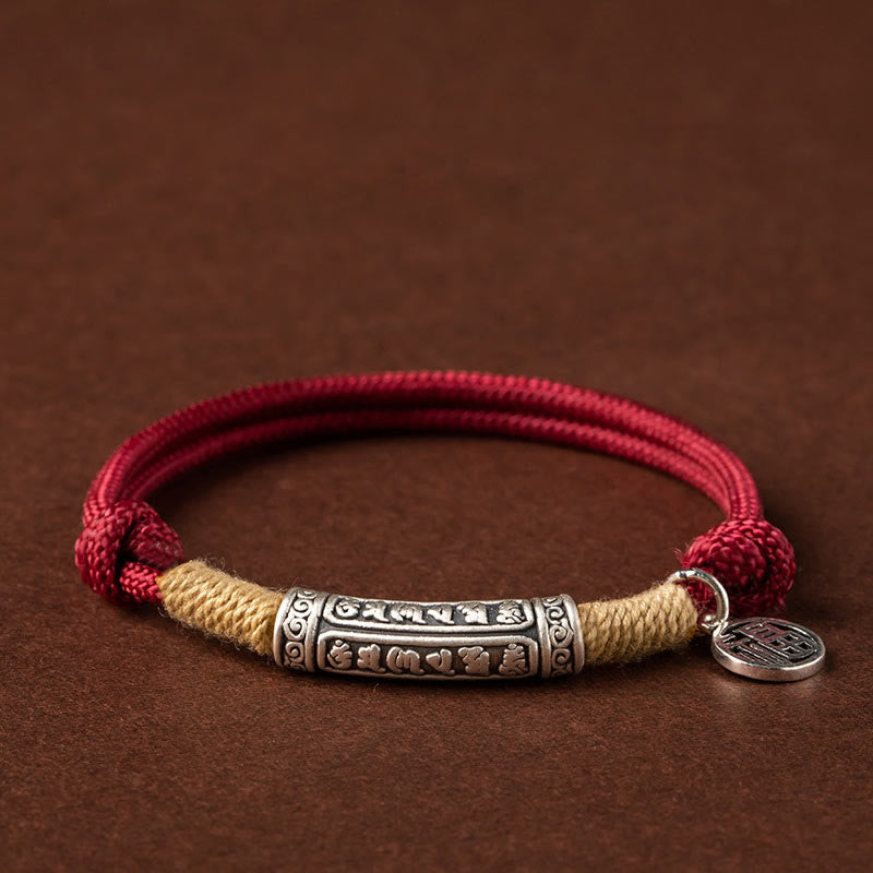 Buddha Stones 999 Sterling Silver Tibet Fatto a mano Om Mani Padme Hum Fu Carattere TopRank Carattere Fortuna Braccialetto Intrecciato - Argento Om Mani Padme Hum - Corda rossa (circonferenza del polso 15-19 cm) - image 0