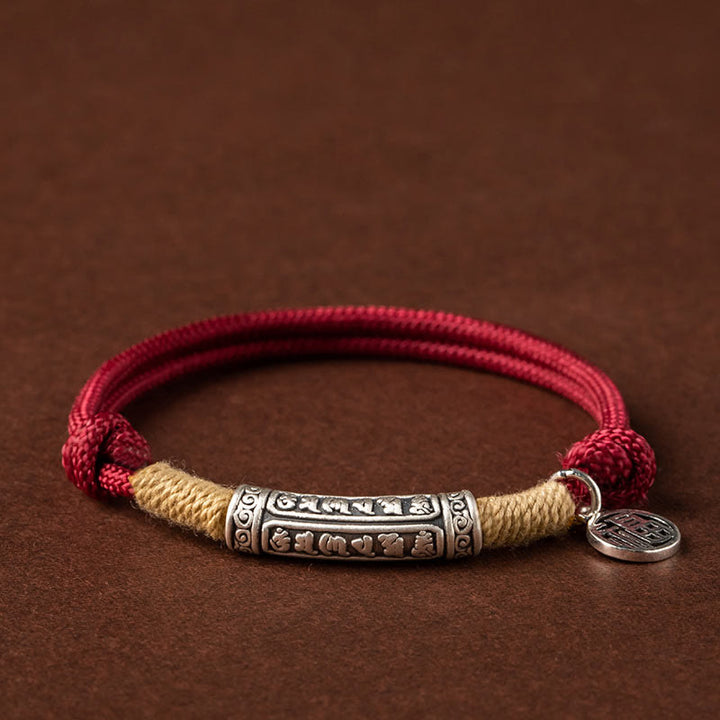 Buddha Stones 999 Sterling Silver Tibet Fatto a mano Om Mani Padme Hum Fu Carattere TopRank Carattere Fortuna Braccialetto Intrecciato - Argento Om Mani Padme Hum - Corda rossa (circonferenza del polso 15-19 cm) - image 0