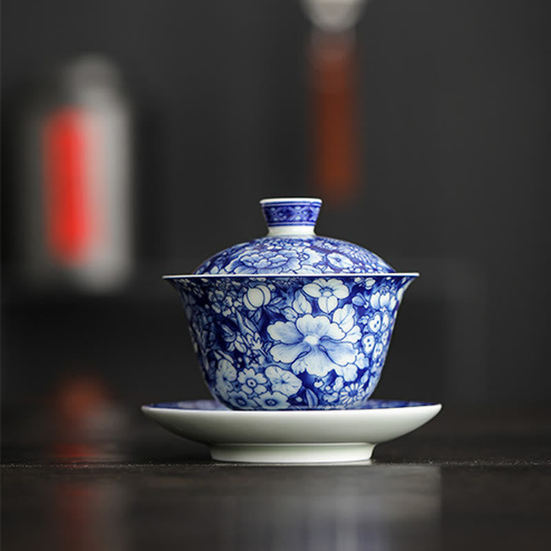 Buddha Stones Vintage Blu e Bianco Porcellana Ceramica Gaiwan Sancai Tazza da Tè Kung Fu Tazza da Tè e Piattino con Coperchio