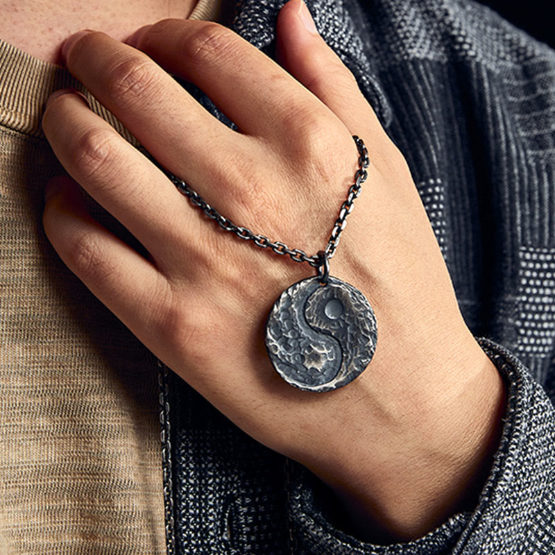 Buddha Stones 990 Sterling Silver Yin Yang Hammer Texture Collana con ciondolo Armonia - image 10