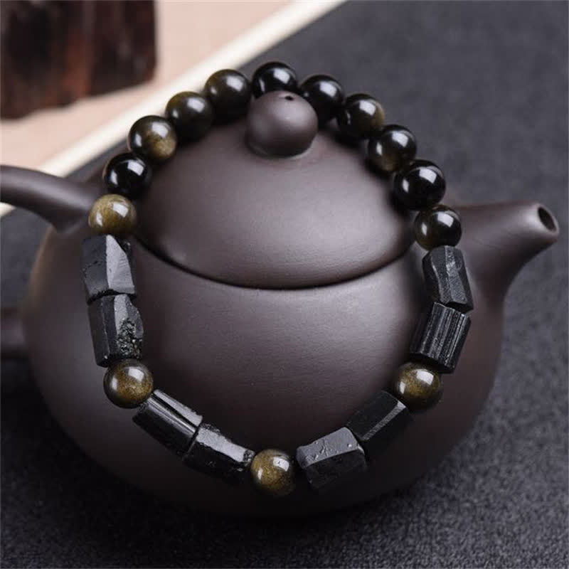 Bracciale Buddha Stones Oro Sheen Ossidiana Tormalina Nera Ricchezza