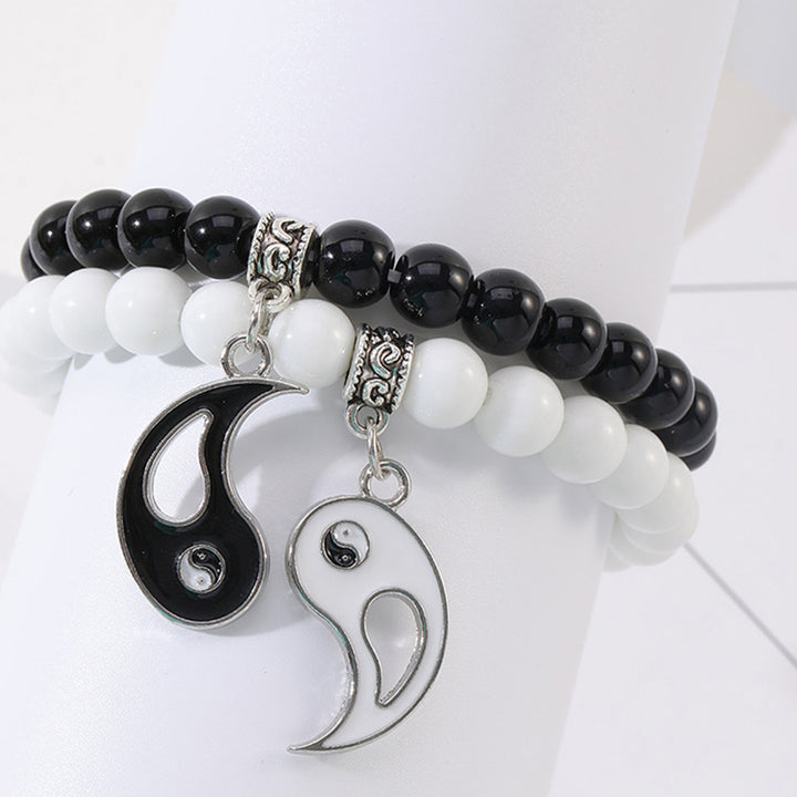 Buddha Stones 2 pezzi Braccialetto di coppia di protezione Yin Yang con perline di turchese bianco e onice nero