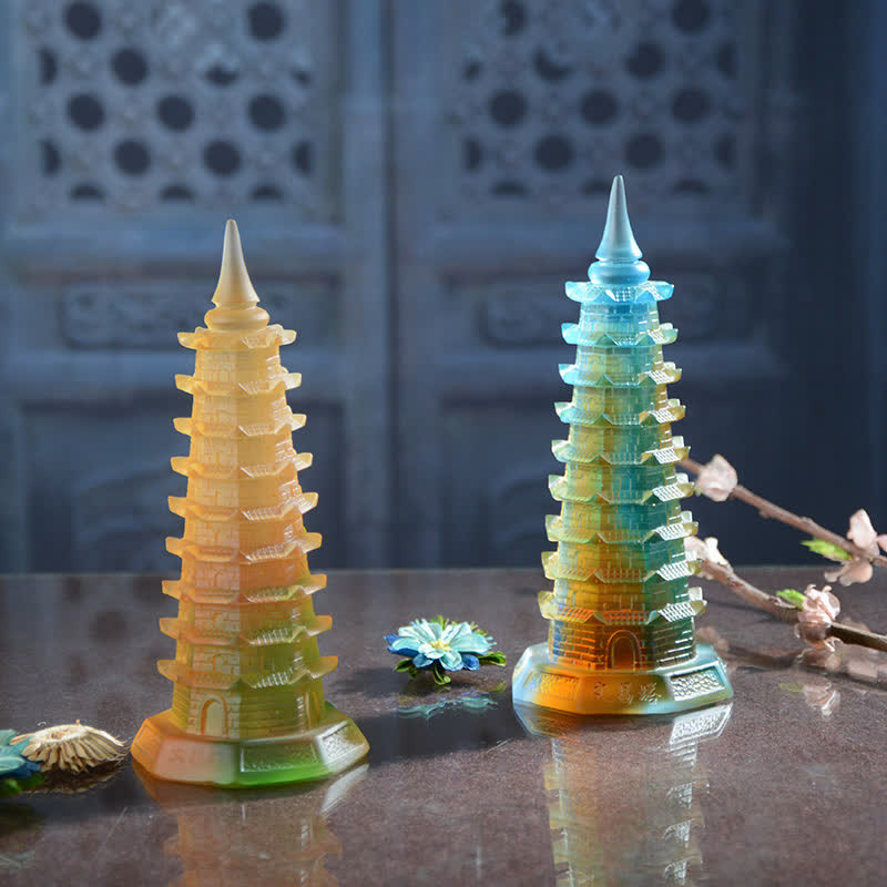 Torre di Wenchang Feng Shui fatta a mano in cristallo Liuli Pagoda Pezzo d'arte Fortuna Decorazione per ufficio in casa - image 2