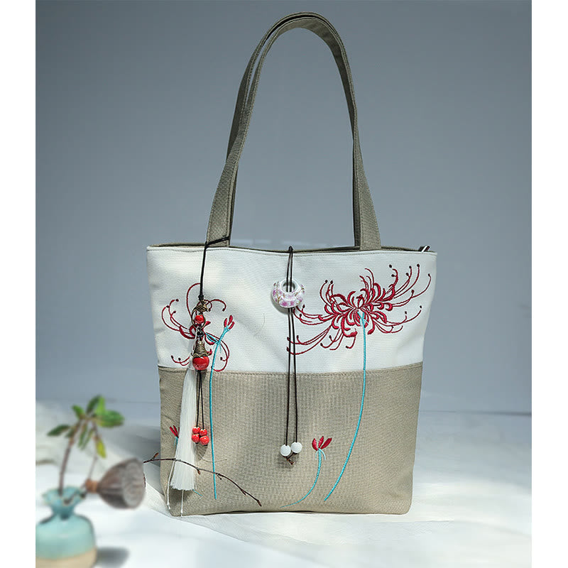 Borsa a tracolla grande capacità in tela con ricamo in bambù, prugna, fiore di pera, pesco - image 44