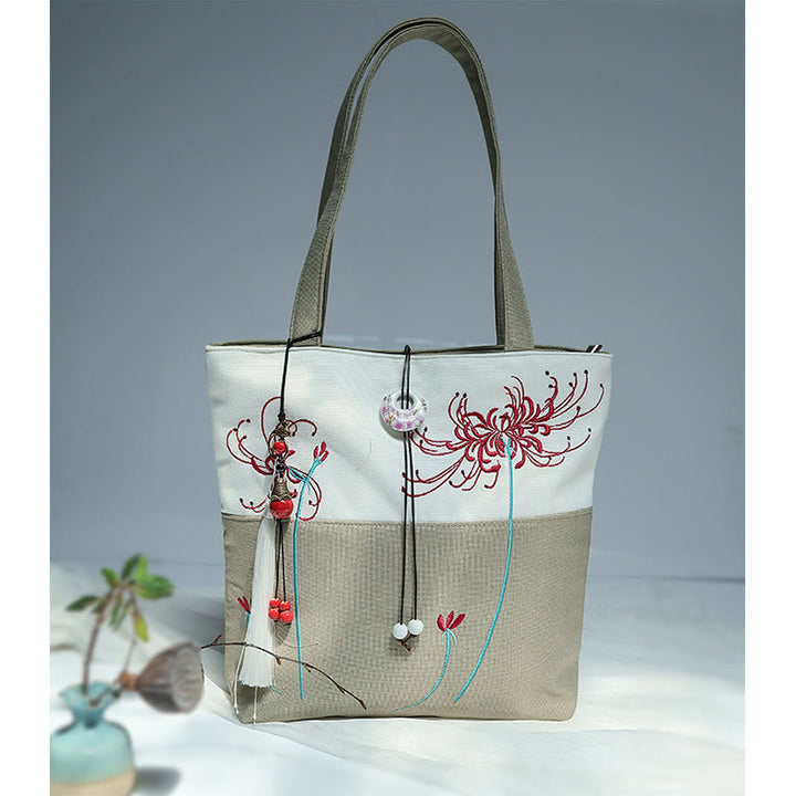 Borsa a tracolla grande capacità in tela con ricamo in bambù, prugna, fiore di pera, pesco - image 44