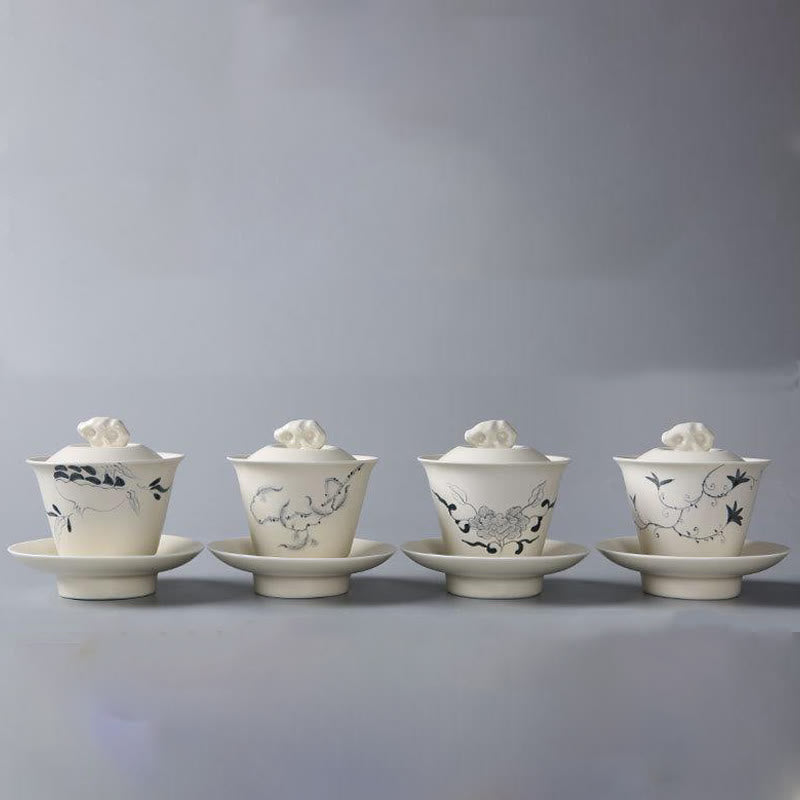 Buddha Stones dipinto a mano melograno ibisco pino loto ceramica gaiwan sancai tazza da tè kung fu tazza da tè e piattino con coperchio