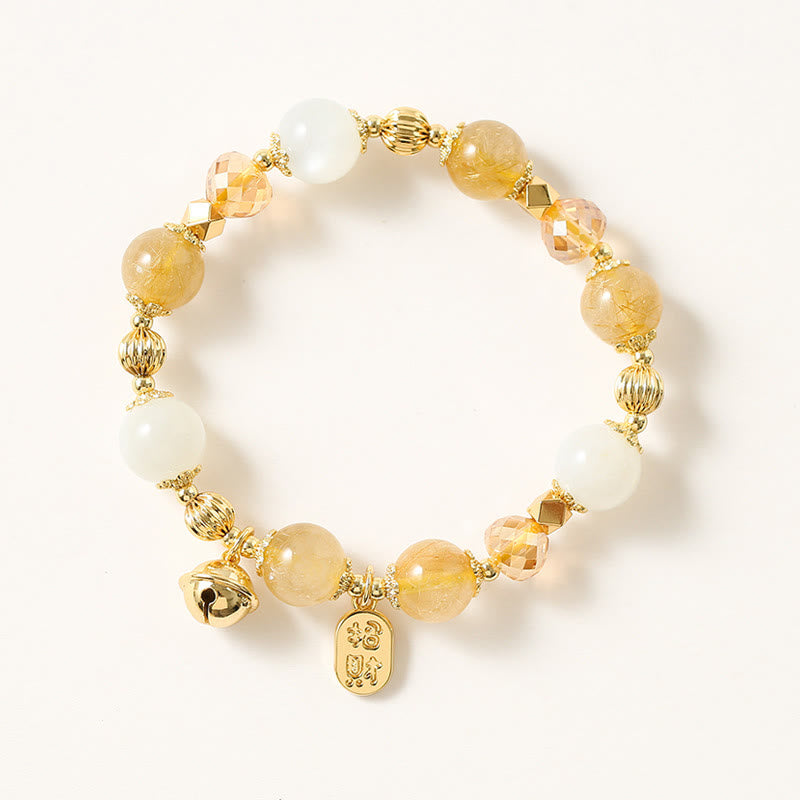 Braccialetto con ciondolo fortunato con campanella della ricchezza in quarzo rutilato dorato placcato oro 14K Buddha Stones
