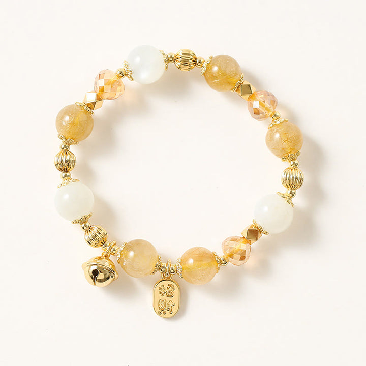 Braccialetto con ciondolo fortunato con campanella della ricchezza in quarzo rutilato dorato placcato oro 14K Buddha Stones