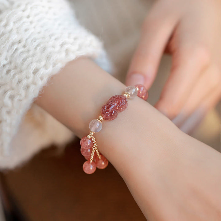 Buddha Stones Natural Strawberry Quartz Moonstone Braccialetto di guarigione dell'amore PiXiu