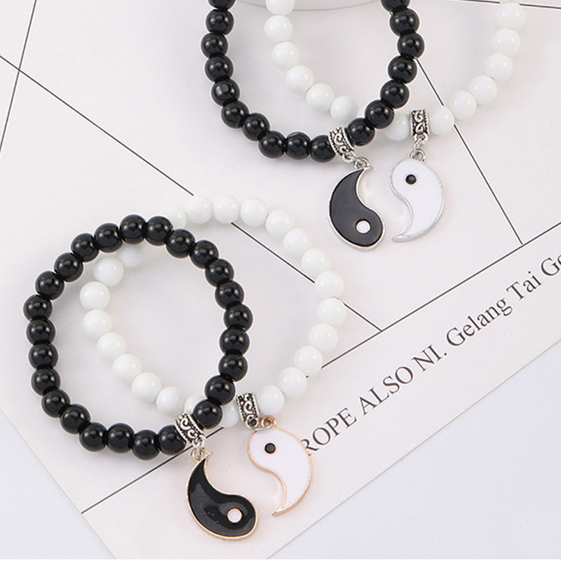 Buddha Stones 2 pezzi Braccialetto di coppia di protezione Yin Yang con perline di turchese bianco e onice nero