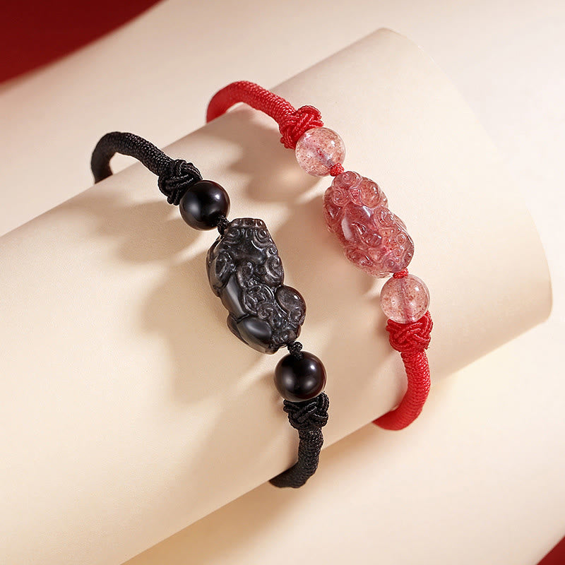Braccialetto intrecciato di protezione PiXiu in quarzo fragola con ossidiana lucida in argento naturale fatto a mano Buddha Stones - image 1