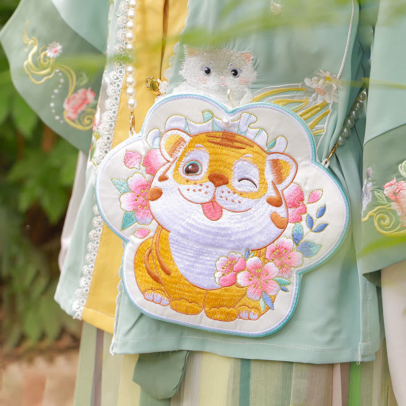 Buddha Stones Fortuna Ricamo Loto Koi Pesce Coniglio Fiore Borsa Hanfu Borsa a Tracolla Borsa a Tracolla - Fiore di tigre - image 20