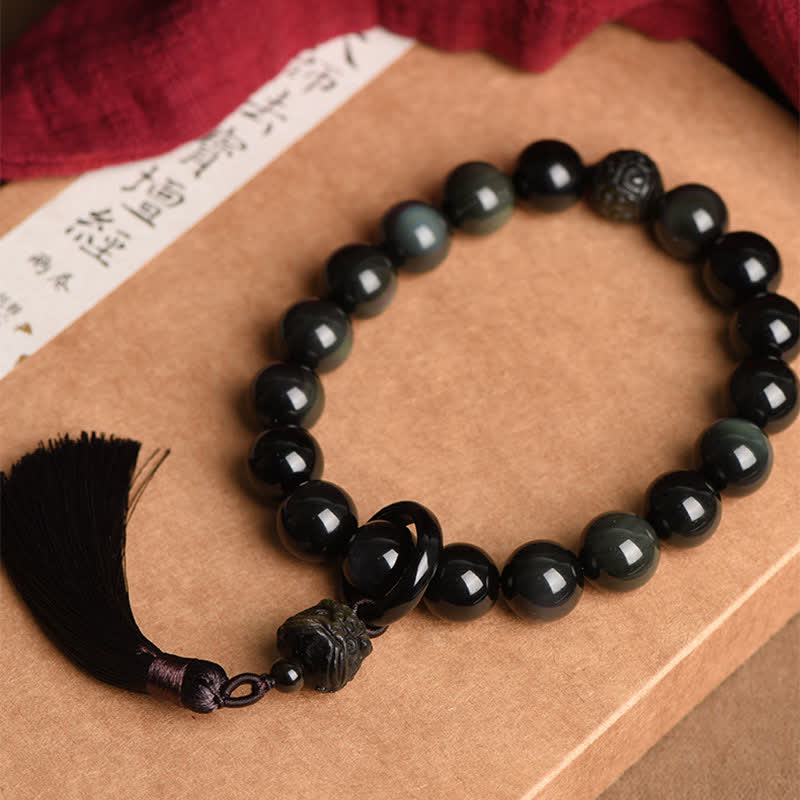 Buddha Stones Ossidiana nera naturale Leone Mala da polso Protezione Nappe Mala tascabile Decorazione per auto